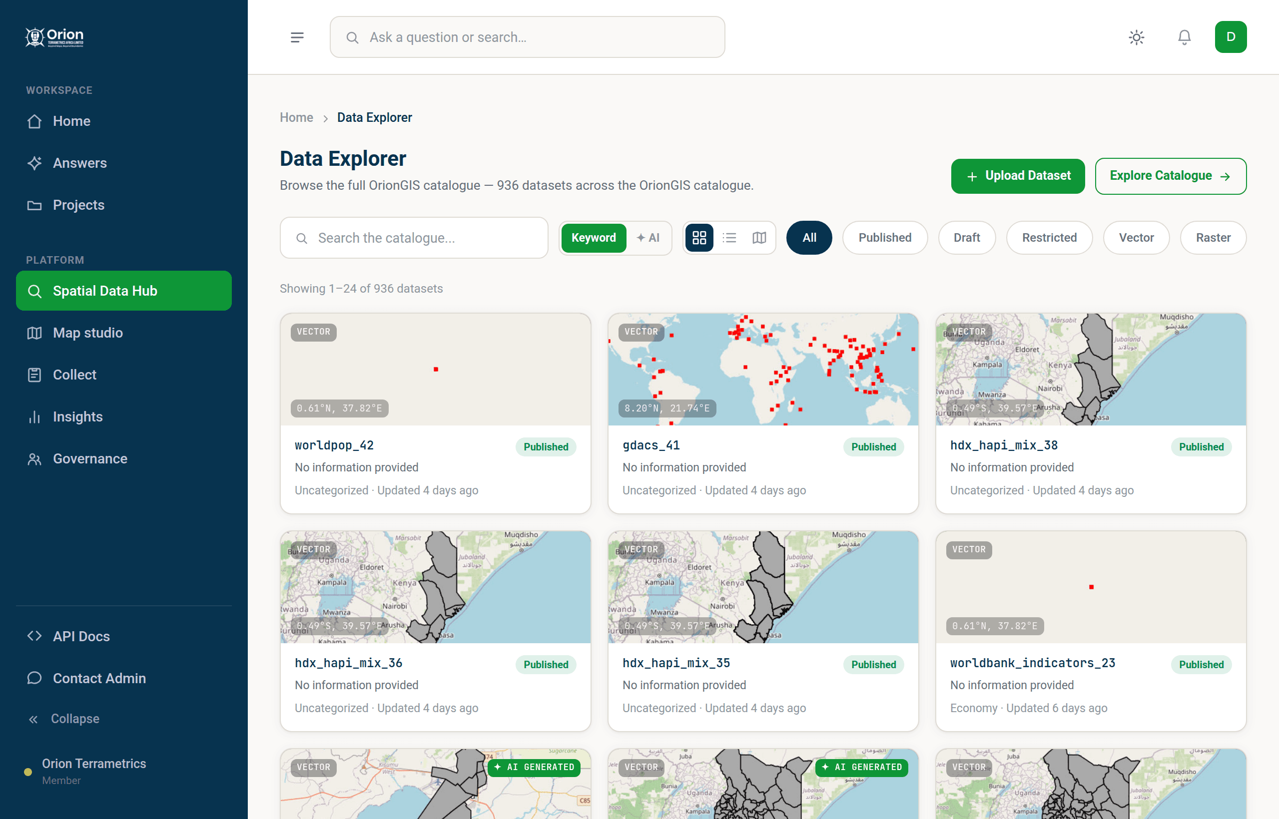The OrionGIS catalogue — every dataset reachable through the REST and OGC services