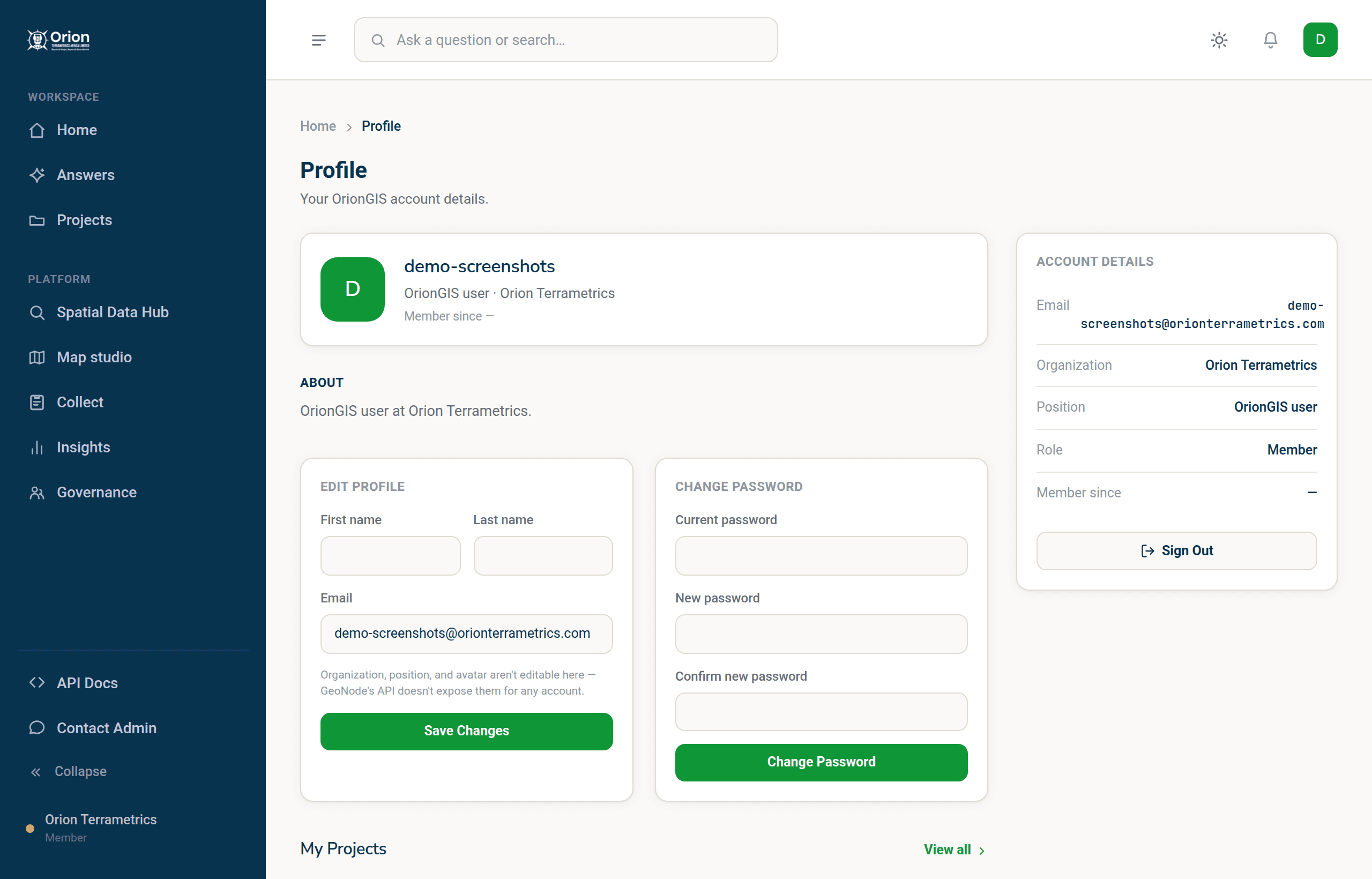 Account, roles and governance in OrionGIS