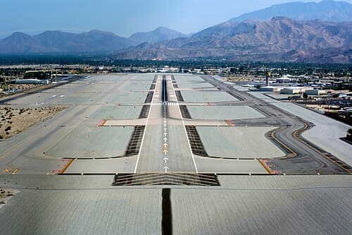 Aerial view of an airport apron and cargo area